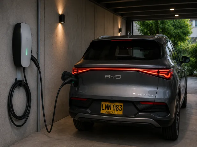 Cargador para vehículo eléctrico instalado y en funcionamiento en garaje de Medellín, conforme a normativa RETIE y CONTE